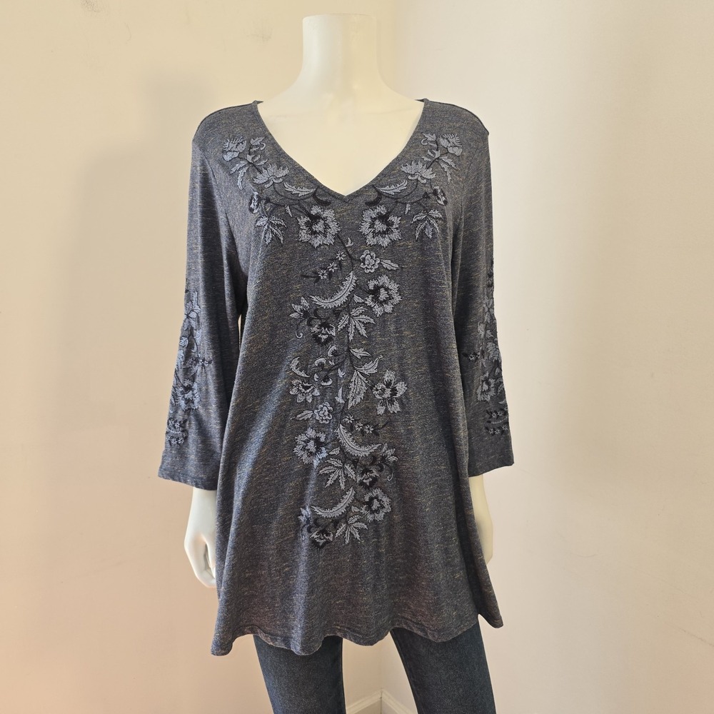 J Jill PureJill Embroidered Jersey Knit Tunic Top Blue 3/4 Sleeve Size L Floral